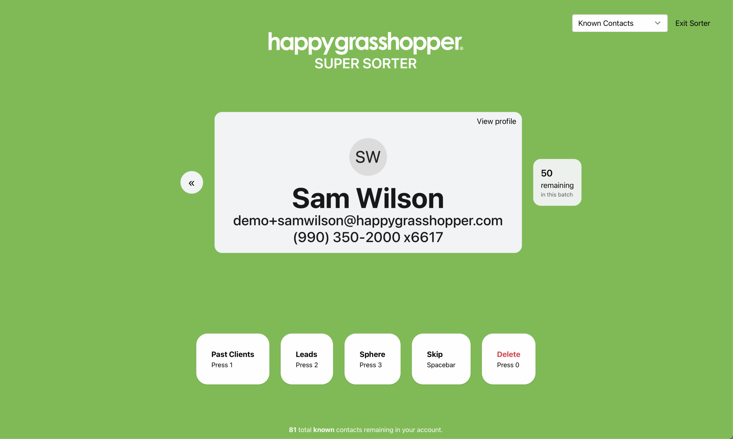 Happy Grasshopper Contact Sorter
