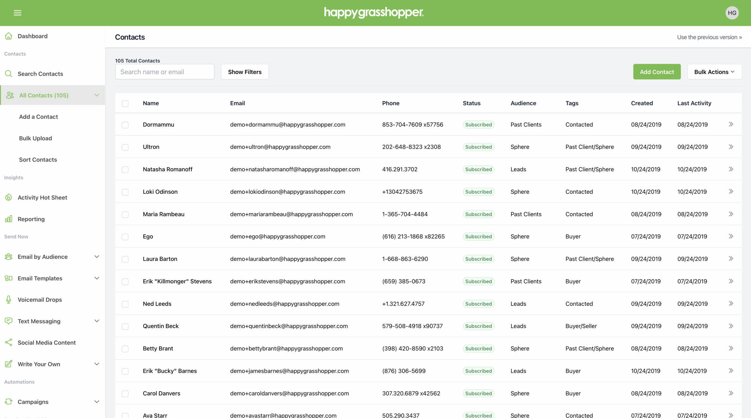Happy Grasshopper Contacts Page